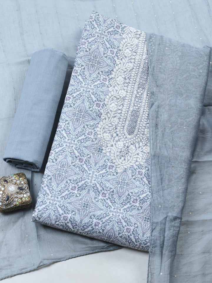 Grey Embroidered Cotton Blend Unstitched Suit &amp; Pant With Cotton Dupatta
