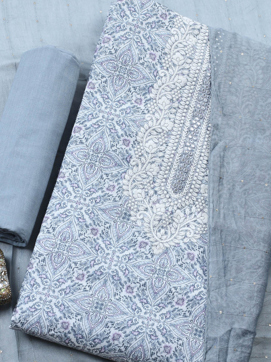 Grey Embroidered Cotton Blend Unstitched Suit &amp; Pant With Cotton Dupatta