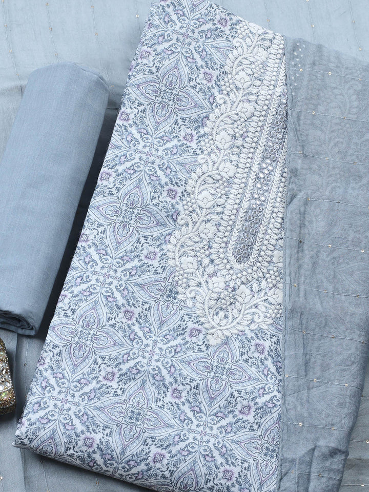 Grey Embroidered Cotton Blend Unstitched Suit &amp; Pant With Cotton Dupatta