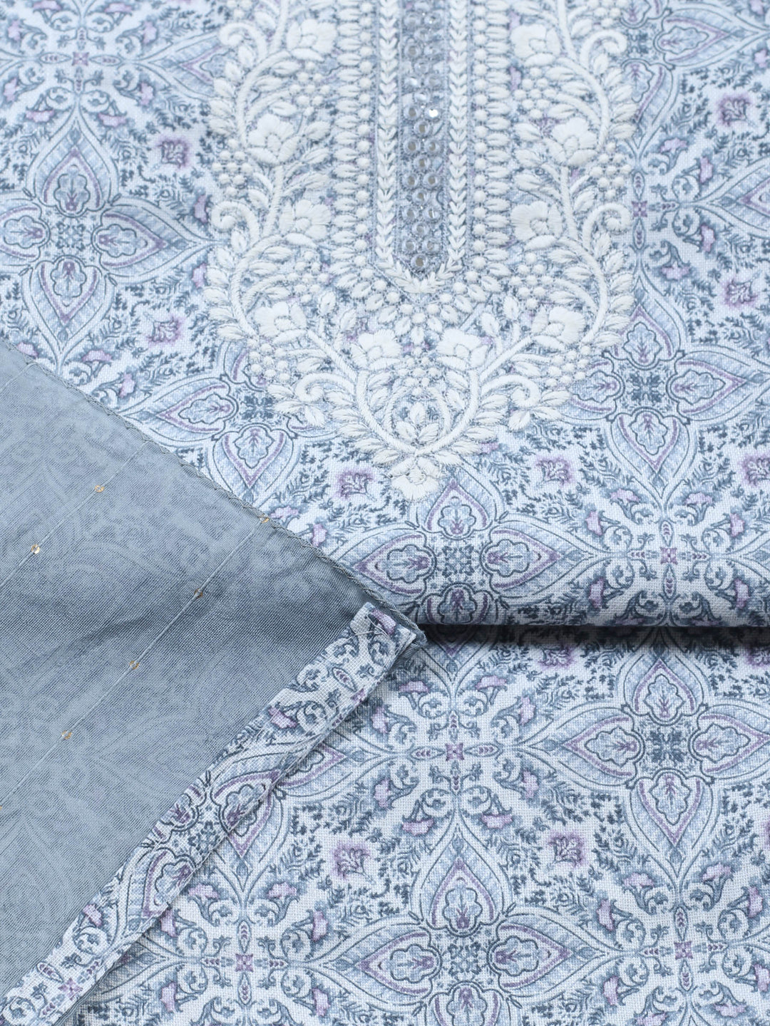 Grey Embroidered Cotton Blend Unstitched Suit &amp; Pant With Cotton Dupatta