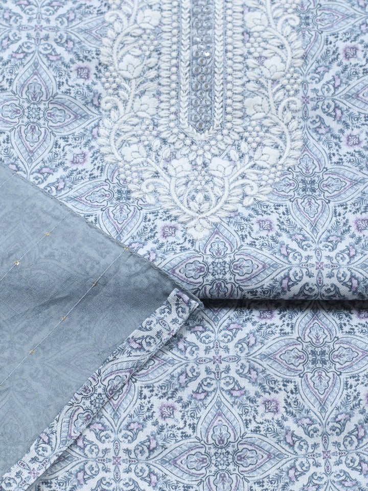 Grey Embroidered Cotton Blend Unstitched Suit &amp; Pant With Cotton Dupatta
