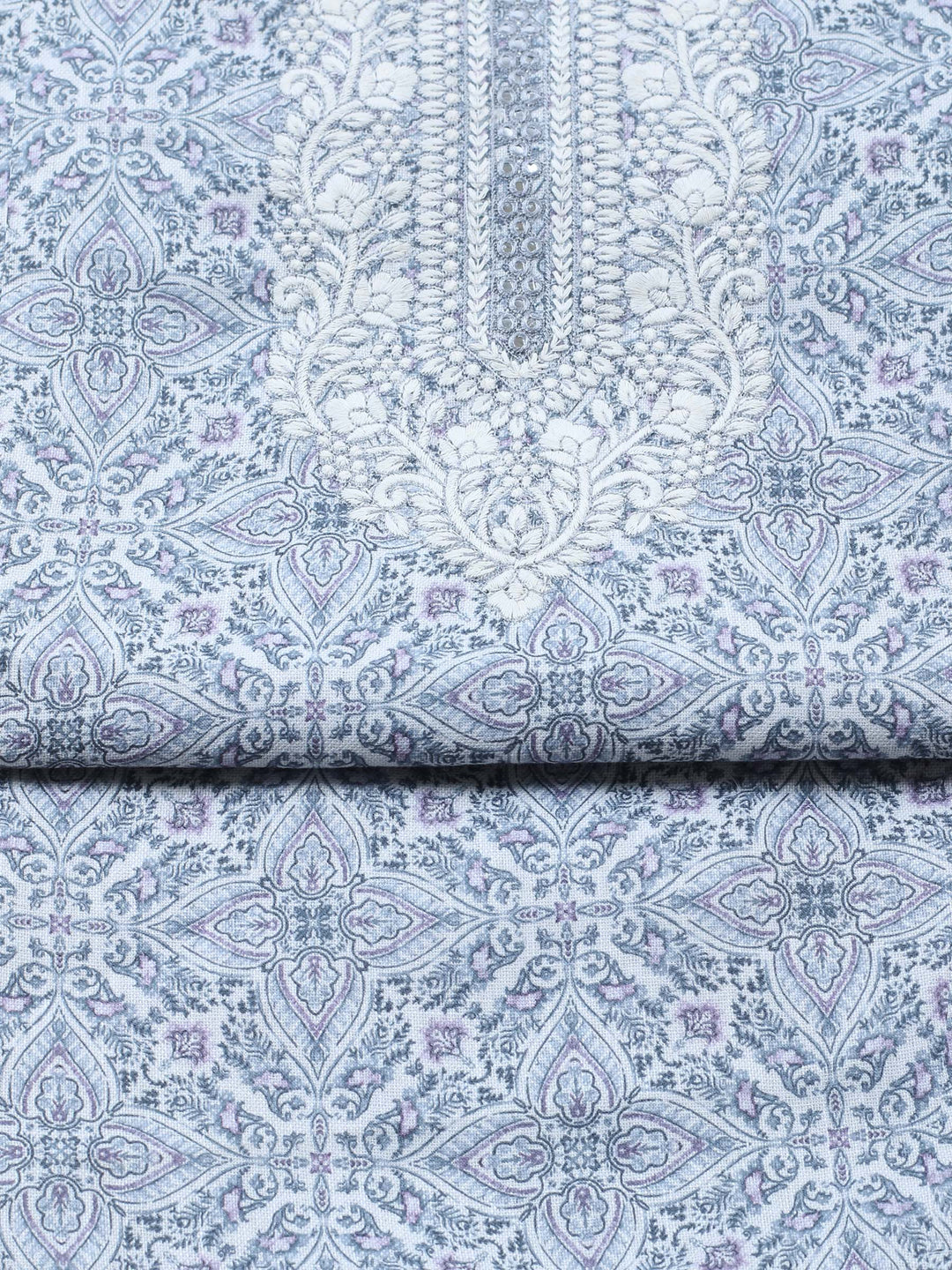 Grey Embroidered Cotton Blend Unstitched Suit &amp; Pant With Cotton Dupatta