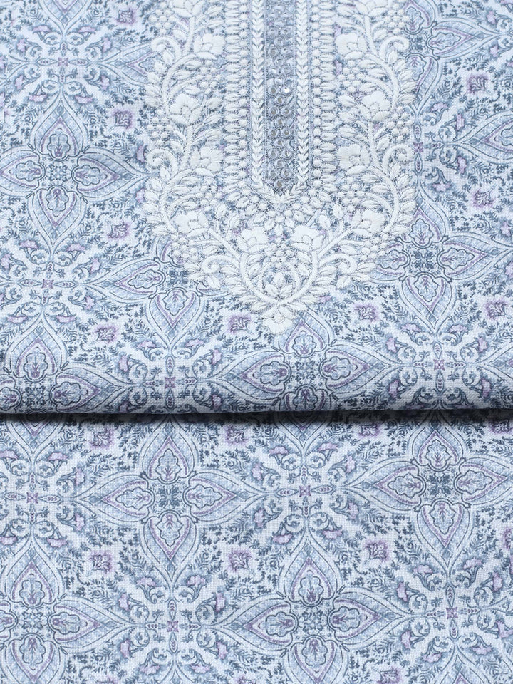 Grey Embroidered Cotton Blend Unstitched Suit &amp; Pant With Cotton Dupatta