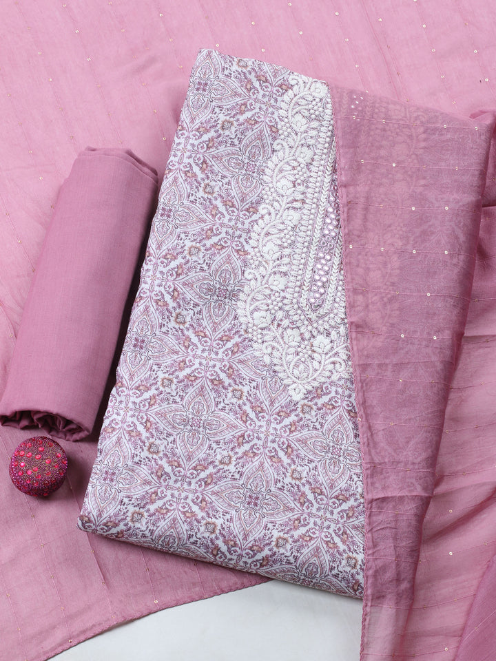 Pink Embroidered Cotton Blend Unstitched Suit &amp; Pant With Cotton Dupatta