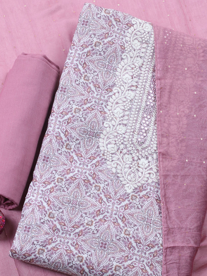 Pink Embroidered Cotton Blend Unstitched Suit &amp; Pant With Cotton Dupatta