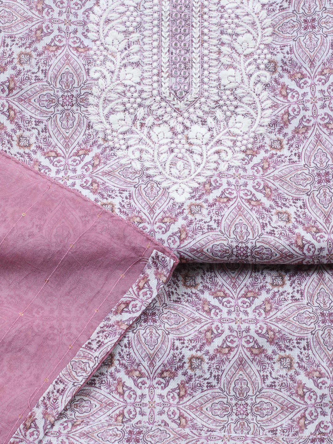 Pink Embroidered Cotton Blend Unstitched Suit &amp; Pant With Cotton Dupatta