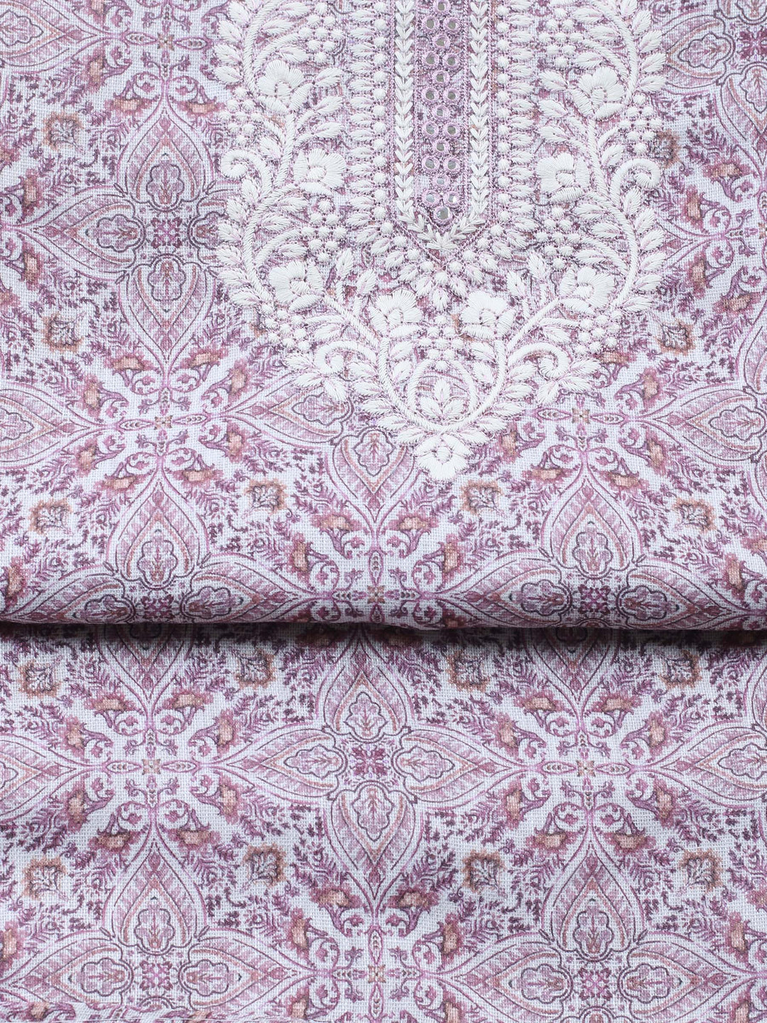 Pink Embroidered Cotton Blend Unstitched Suit &amp; Pant With Cotton Dupatta