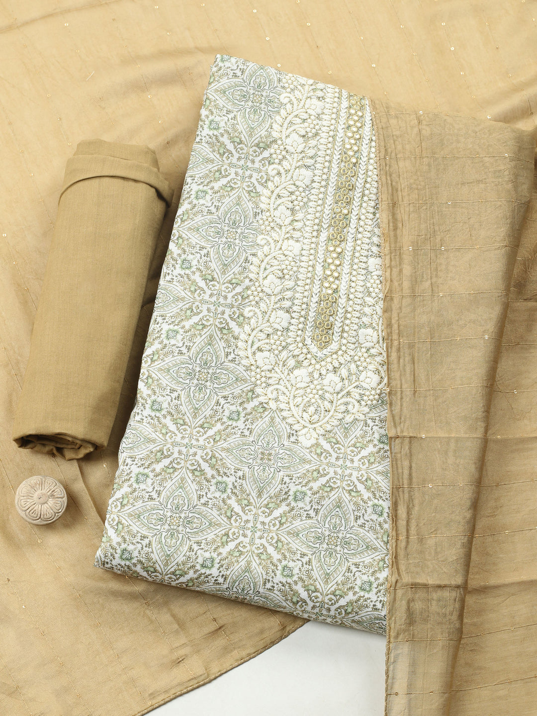 Pista Green Embroidered Cotton Blend Unstitched Suit &amp; Pant With Cotton Dupatta