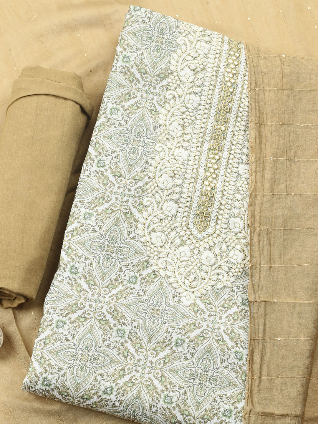 Pista Green Embroidered Cotton Blend Unstitched Suit &amp; Pant With Cotton Dupatta