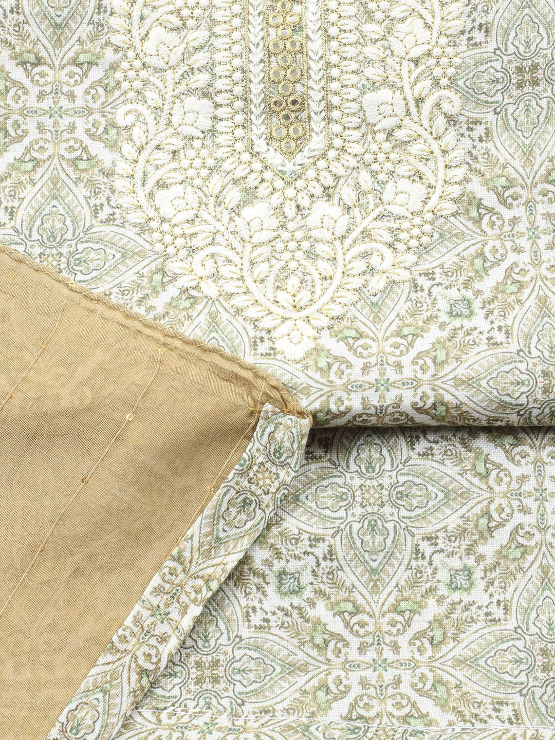 Pista Green Embroidered Cotton Blend Unstitched Suit &amp; Pant With Cotton Dupatta