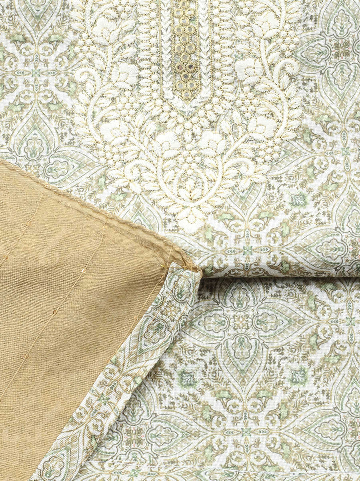 Pista Green Embroidered Cotton Blend Unstitched Suit &amp; Pant With Cotton Dupatta