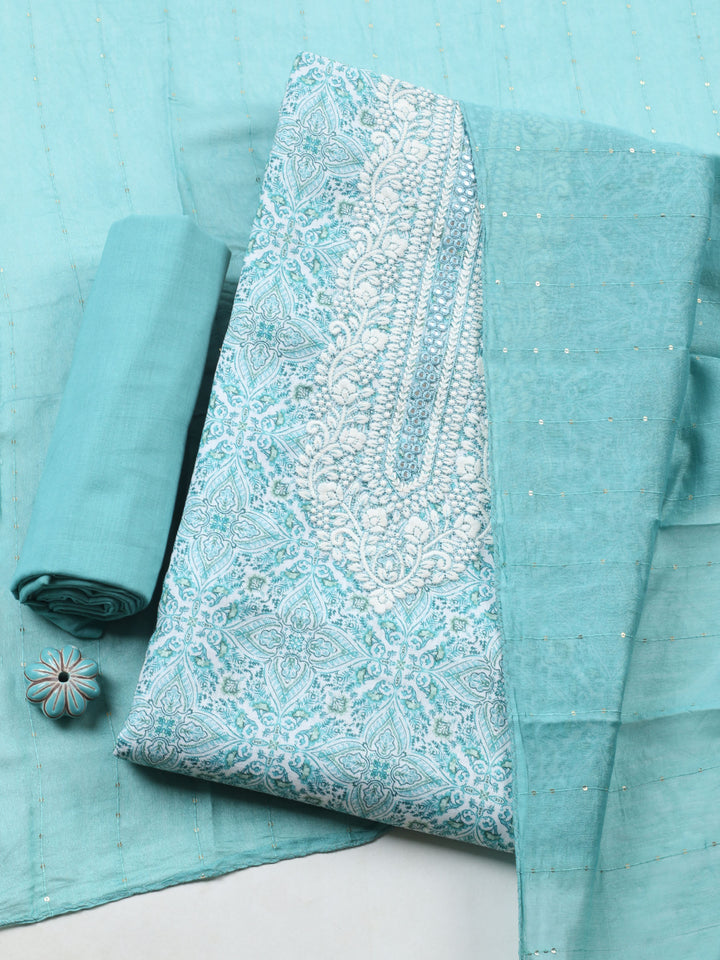 Sea Green Embroidered Cotton Blend Unstitched Suit &amp; Pant With Cotton Dupatta