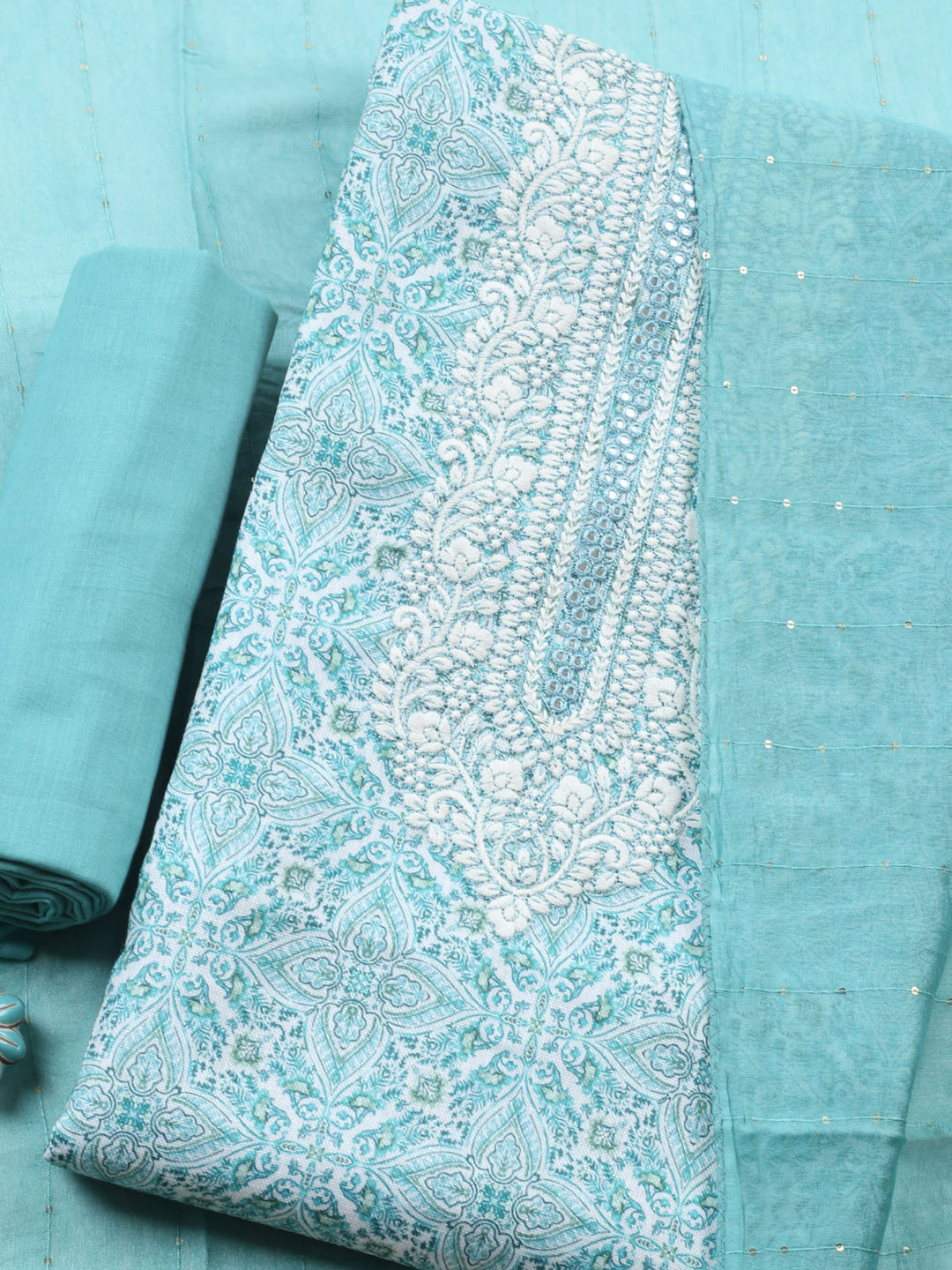 Sea Green Embroidered Cotton Blend Unstitched Suit &amp; Pant With Cotton Dupatta