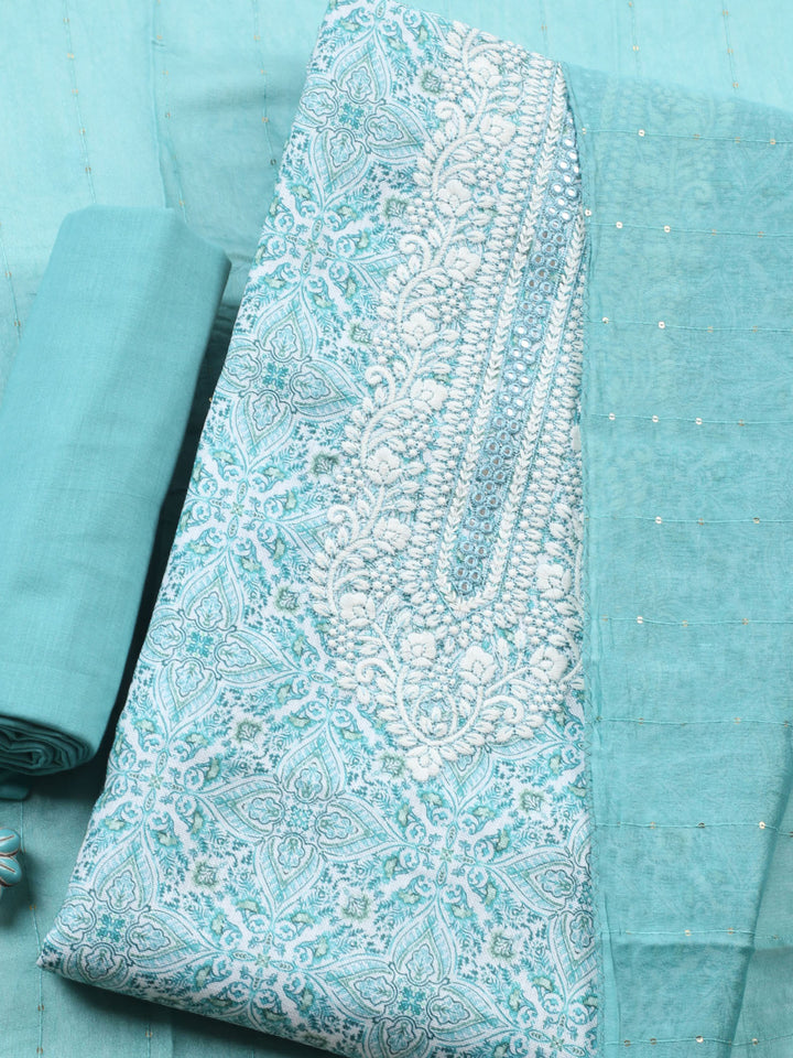 Sea Green Embroidered Cotton Blend Unstitched Suit &amp; Pant With Cotton Dupatta