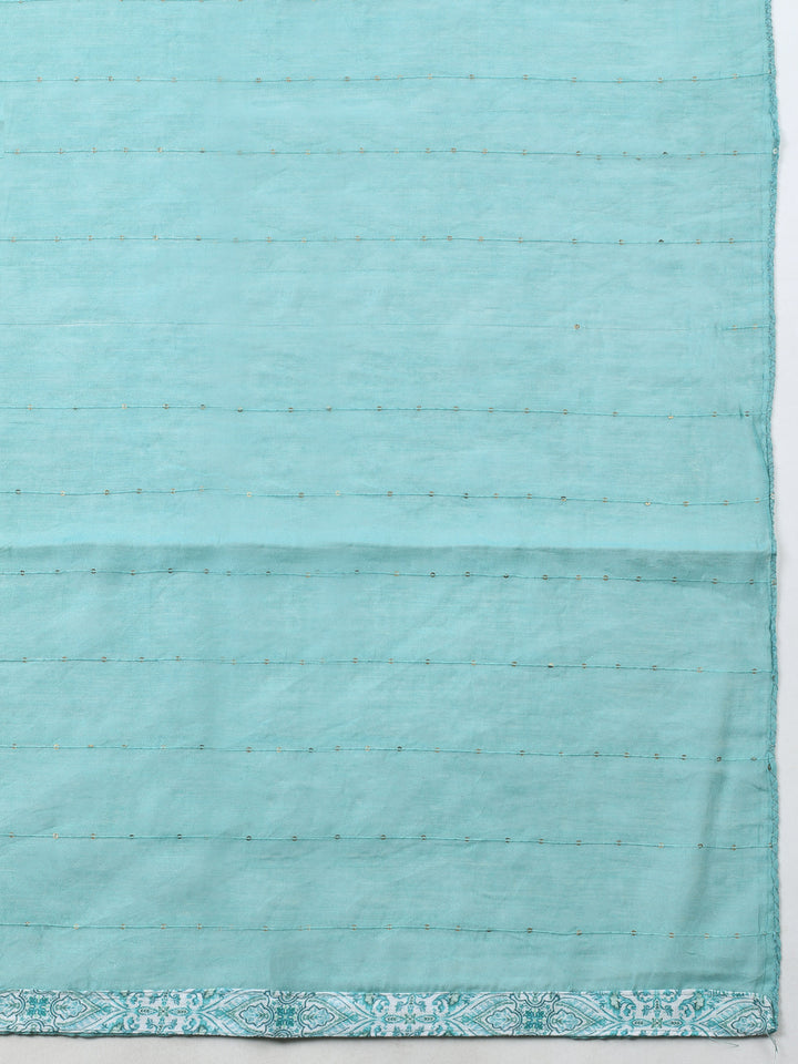 Sea Green Embroidered Cotton Blend Unstitched Suit &amp; Pant With Cotton Dupatta