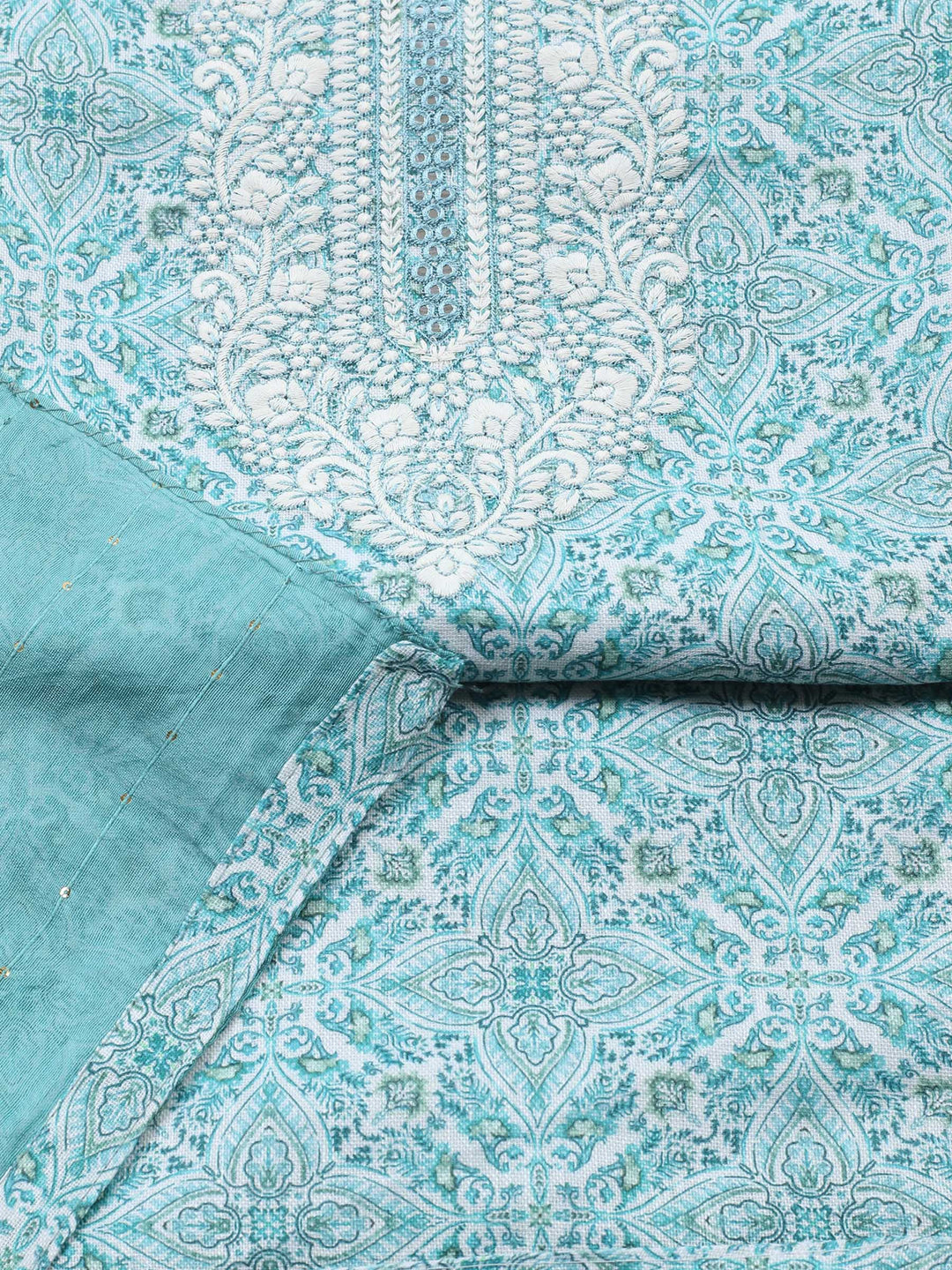 Sea Green Embroidered Cotton Blend Unstitched Suit &amp; Pant With Cotton Dupatta
