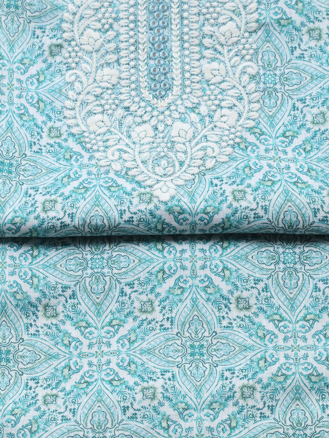 Sea Green Embroidered Cotton Blend Unstitched Suit &amp; Pant With Cotton Dupatta