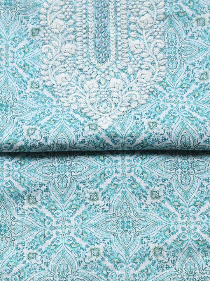 Sea Green Embroidered Cotton Blend Unstitched Suit &amp; Pant With Cotton Dupatta