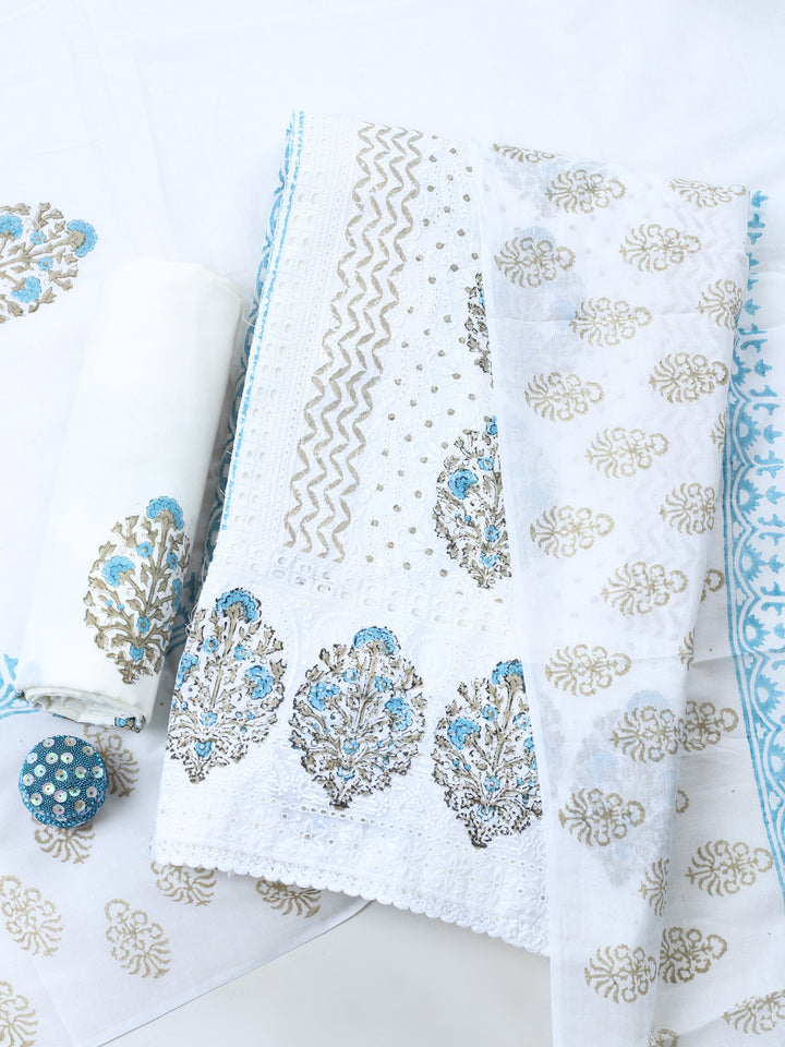 Cream Blue Printed Cotton Blend Unstitched Suit &amp; Pant With Cotton Dupatta