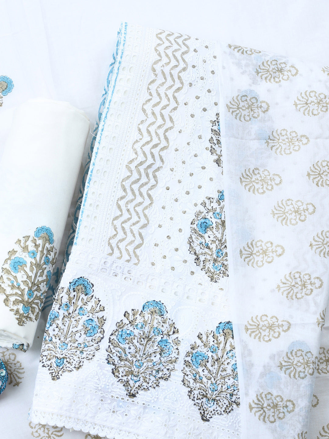 Cream Blue Printed Cotton Blend Unstitched Suit &amp; Pant With Cotton Dupatta