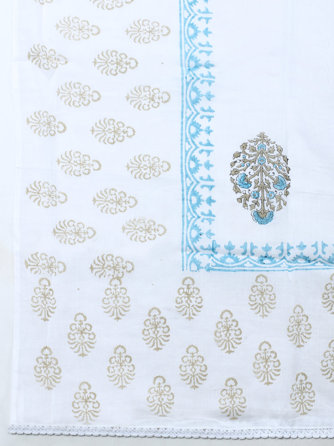 Cream Blue Printed Cotton Blend Unstitched Suit &amp; Pant With Cotton Dupatta