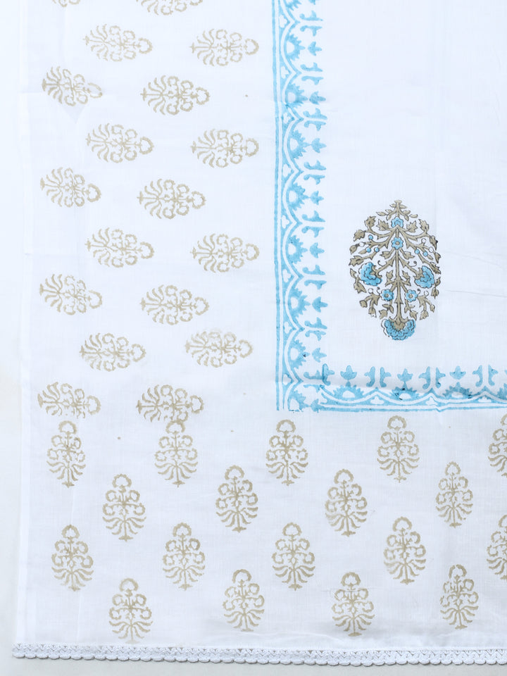 Cream Blue Printed Cotton Blend Unstitched Suit &amp; Pant With Cotton Dupatta