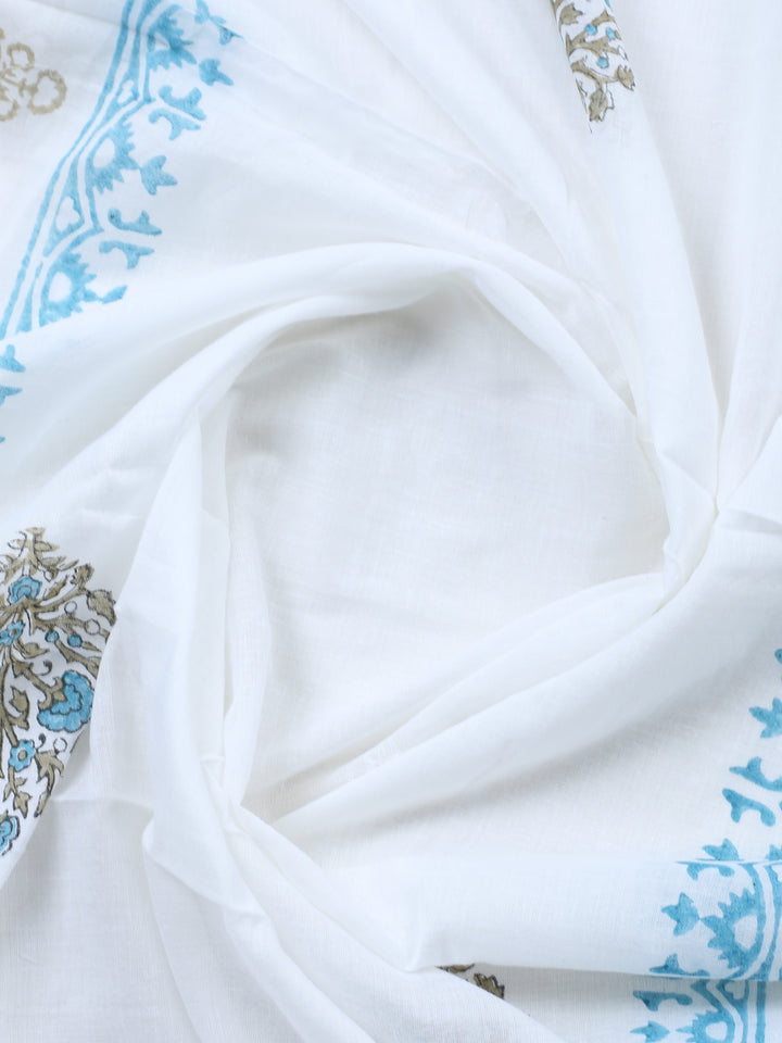 Cream Blue Printed Cotton Blend Unstitched Suit &amp; Pant With Cotton Dupatta