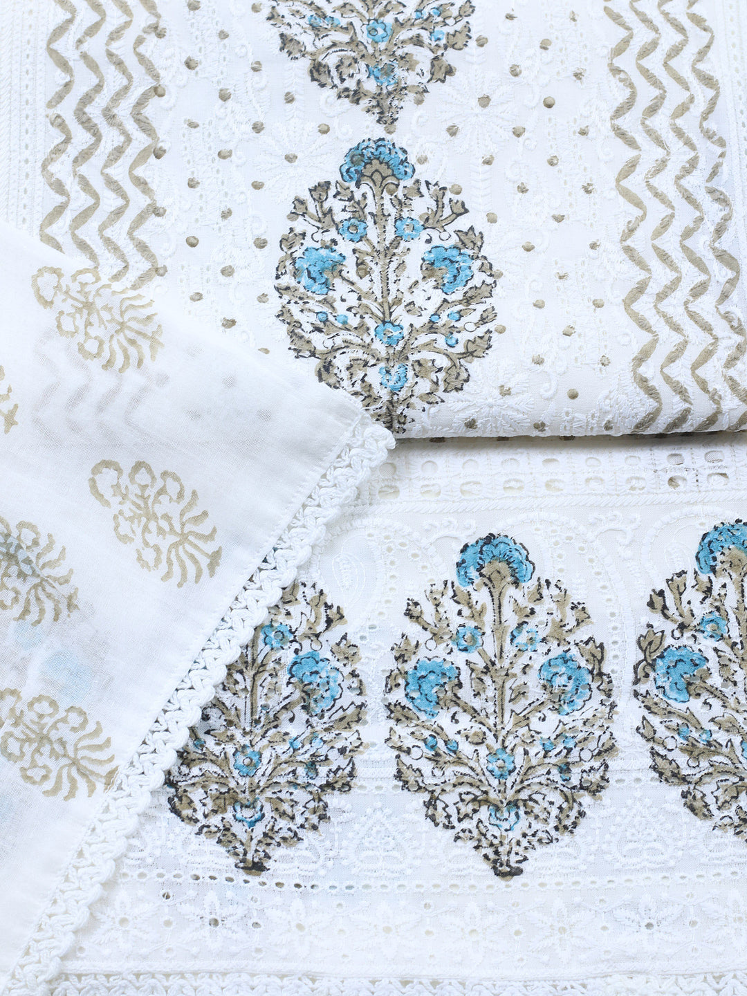 Cream Blue Printed Cotton Blend Unstitched Suit &amp; Pant With Cotton Dupatta