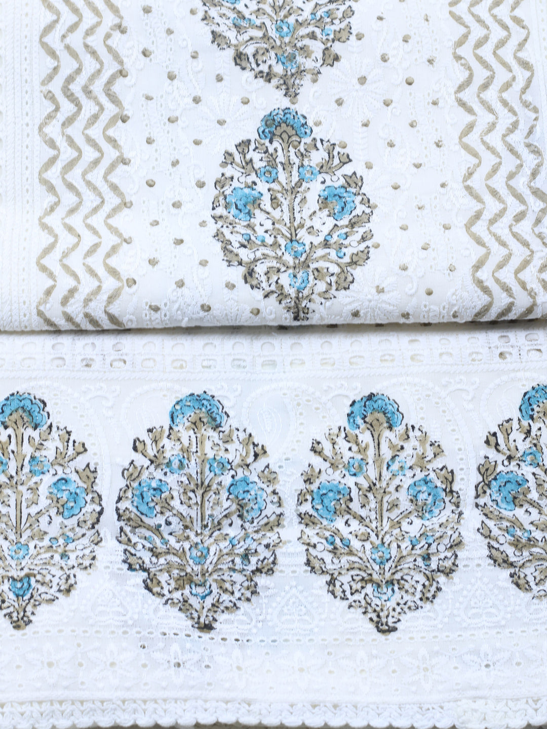 Cream Blue Printed Cotton Blend Unstitched Suit &amp; Pant With Cotton Dupatta