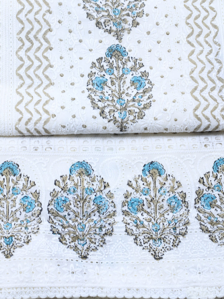 Cream Blue Printed Cotton Blend Unstitched Suit &amp; Pant With Cotton Dupatta