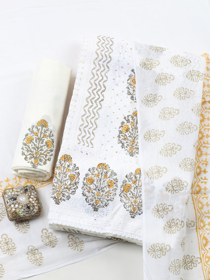 Cream Mustard Printed Cotton Blend Unstitched Suit &amp; Pant With Cotton Dupatta