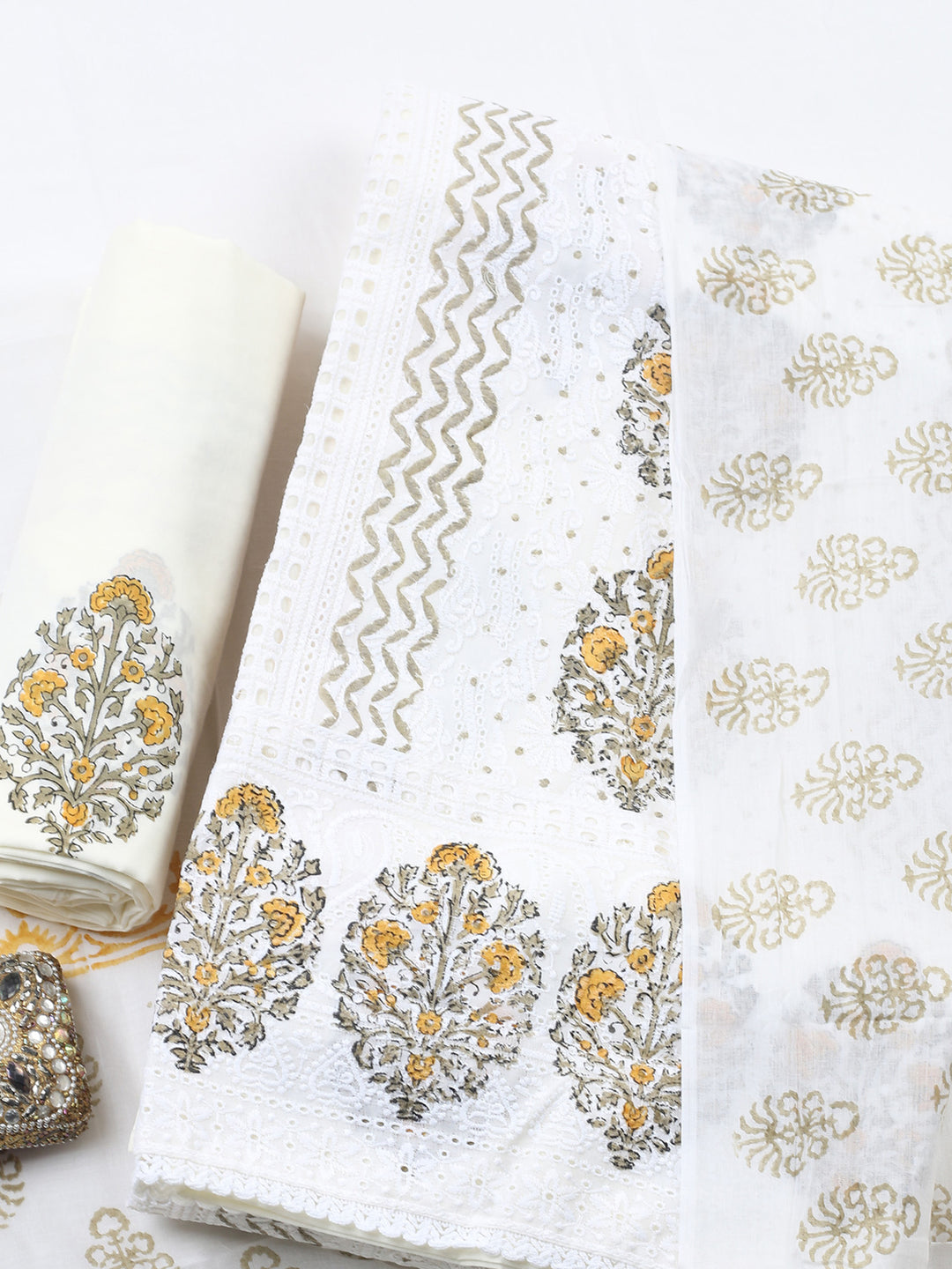 Cream Mustard Printed Cotton Blend Unstitched Suit &amp; Pant With Cotton Dupatta