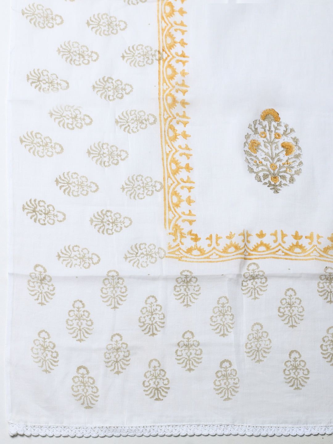 Cream Mustard Printed Cotton Blend Unstitched Suit &amp; Pant With Cotton Dupatta