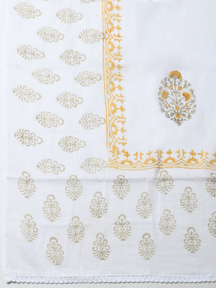 Cream Mustard Printed Cotton Blend Unstitched Suit &amp; Pant With Cotton Dupatta