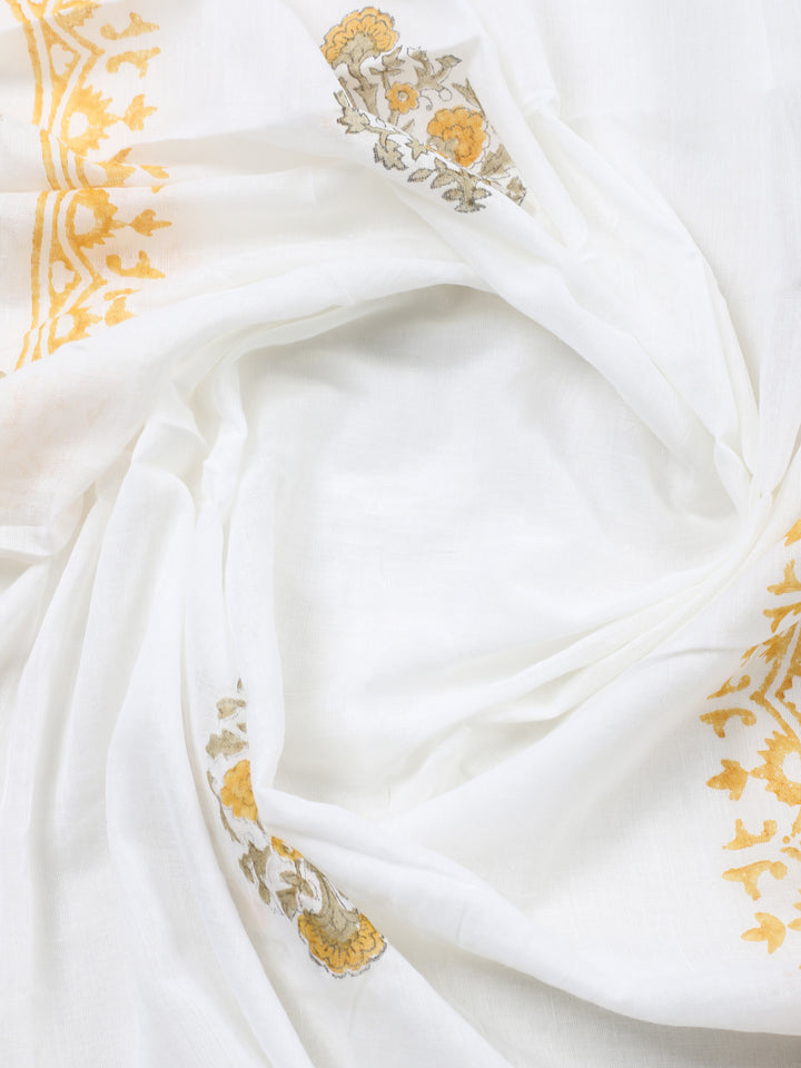 Cream Mustard Printed Cotton Blend Unstitched Suit &amp; Pant With Cotton Dupatta