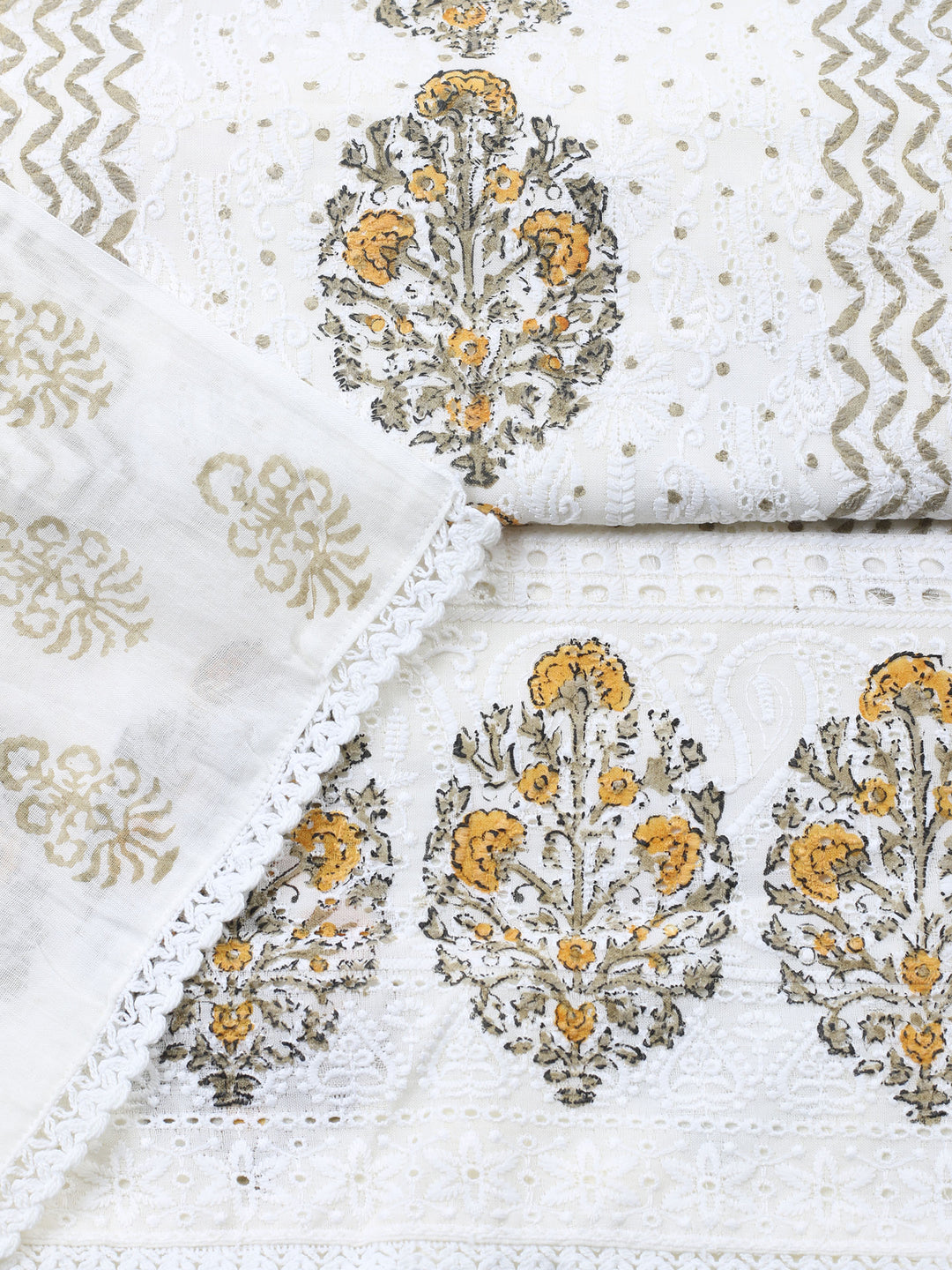 Cream Mustard Printed Cotton Blend Unstitched Suit &amp; Pant With Cotton Dupatta