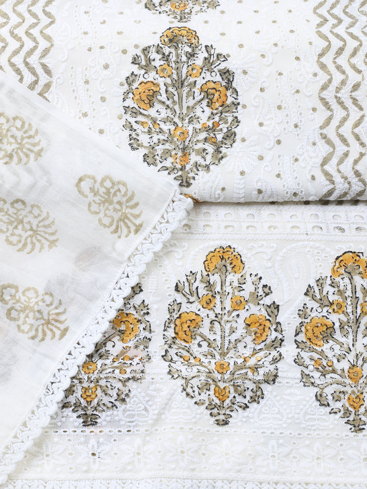 Cream Mustard Printed Cotton Blend Unstitched Suit &amp; Pant With Cotton Dupatta