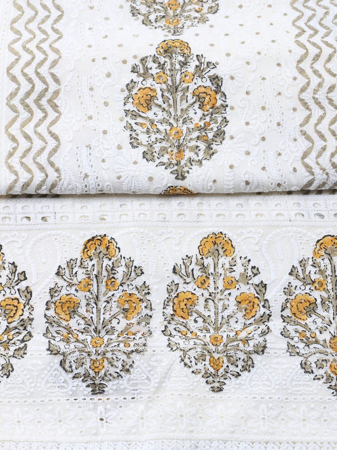 Cream Mustard Printed Cotton Blend Unstitched Suit &amp; Pant With Cotton Dupatta