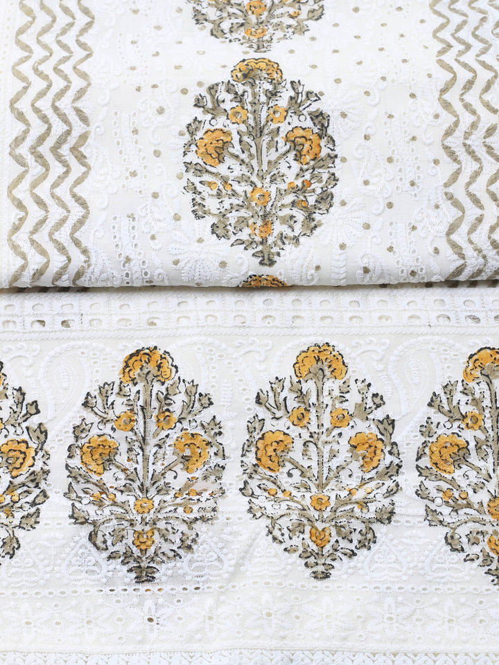 Cream Mustard Printed Cotton Blend Unstitched Suit &amp; Pant With Cotton Dupatta