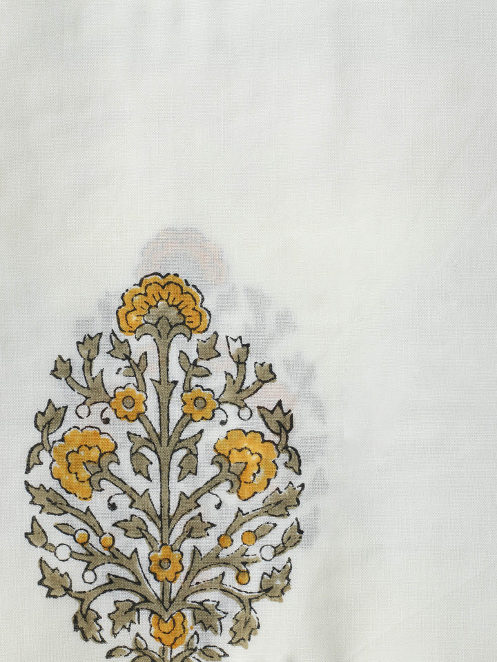 Cream Mustard Printed Cotton Blend Unstitched Suit &amp; Pant With Cotton Dupatta