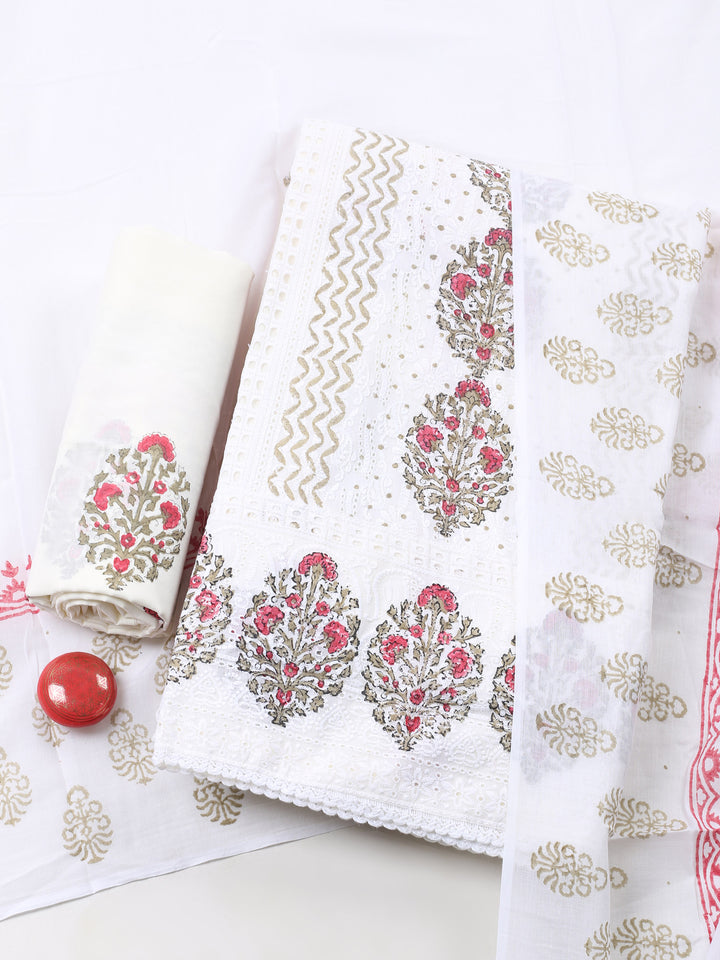 Cream Pink Printed Cotton Blend Unstitched Suit &amp; Pant With Cotton Dupatta
