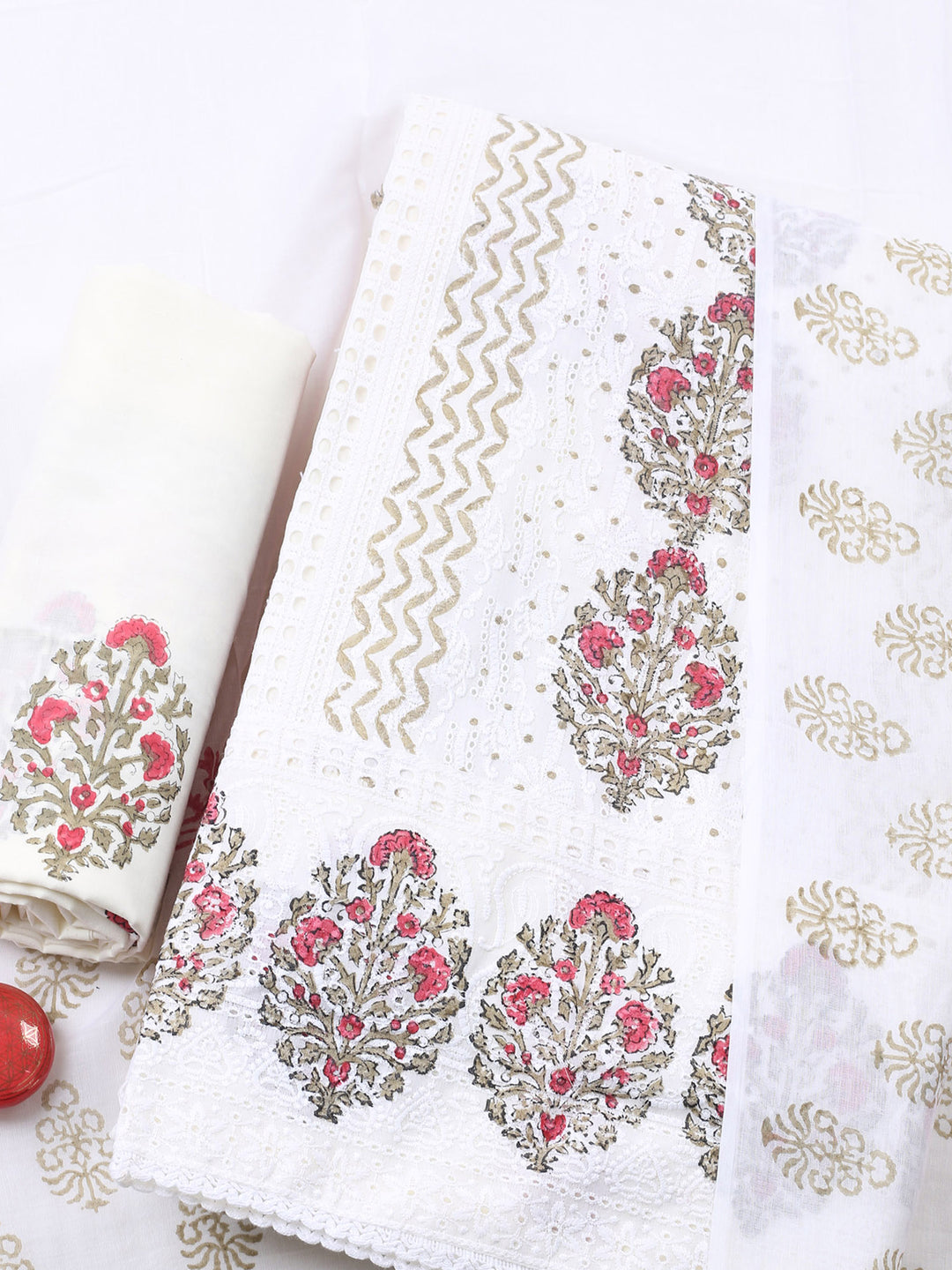 Cream Pink Printed Cotton Blend Unstitched Suit &amp; Pant With Cotton Dupatta