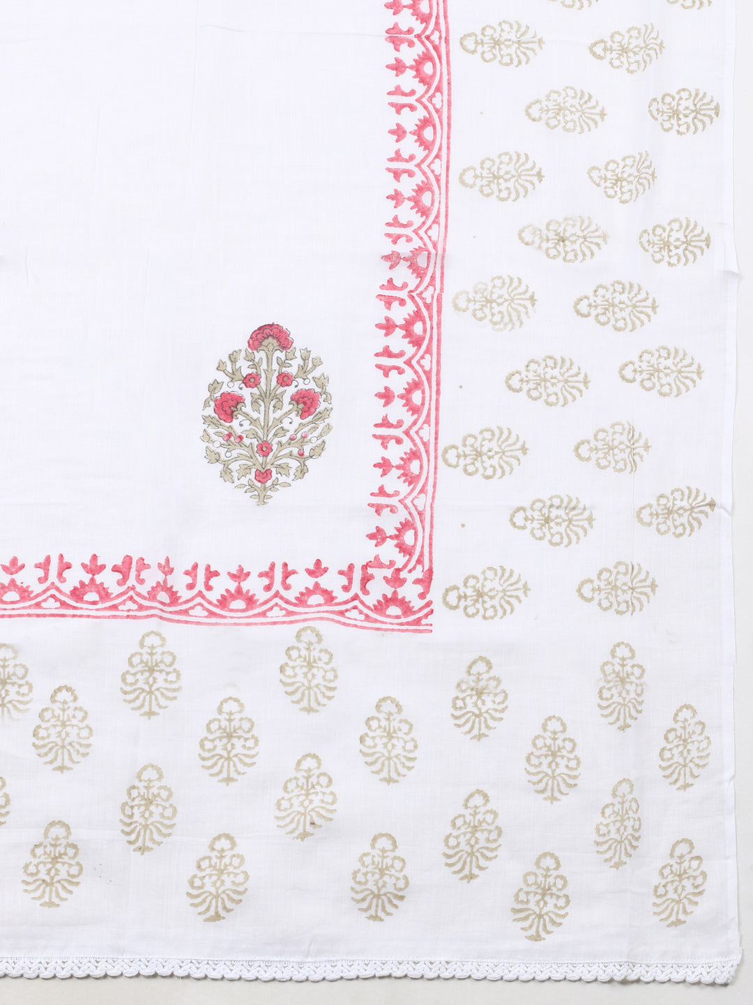 Cream Pink Printed Cotton Blend Unstitched Suit &amp; Pant With Cotton Dupatta