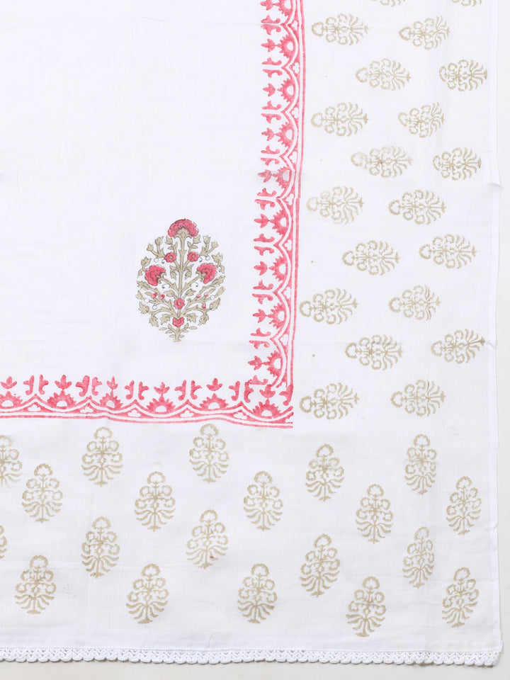 Cream Pink Printed Cotton Blend Unstitched Suit &amp; Pant With Cotton Dupatta