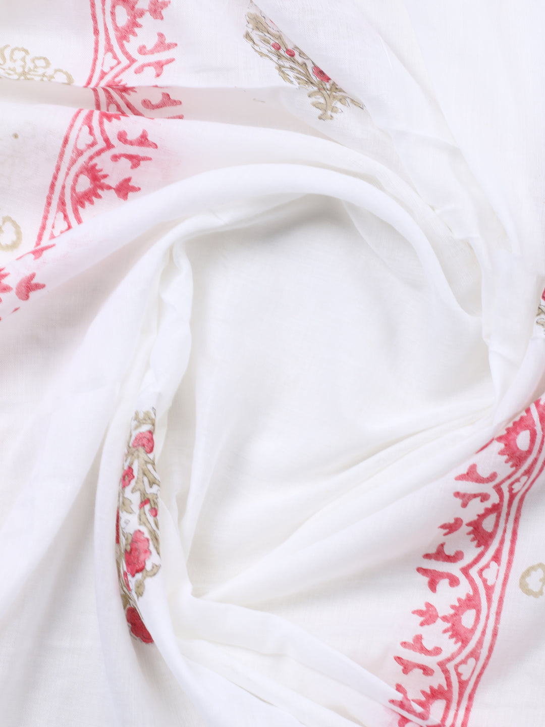 Cream Pink Printed Cotton Blend Unstitched Suit &amp; Pant With Cotton Dupatta