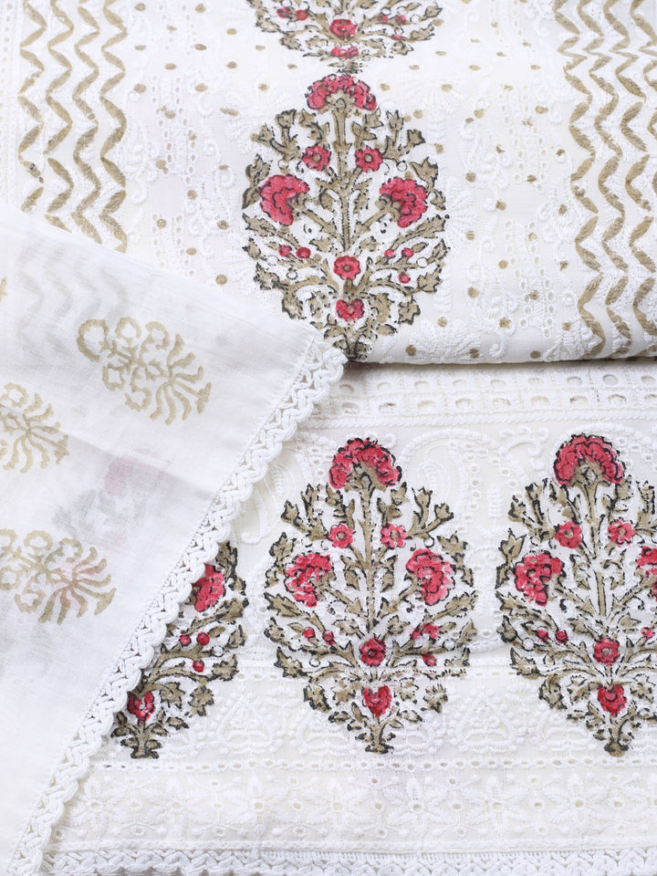 Cream Pink Printed Cotton Blend Unstitched Suit &amp; Pant With Cotton Dupatta