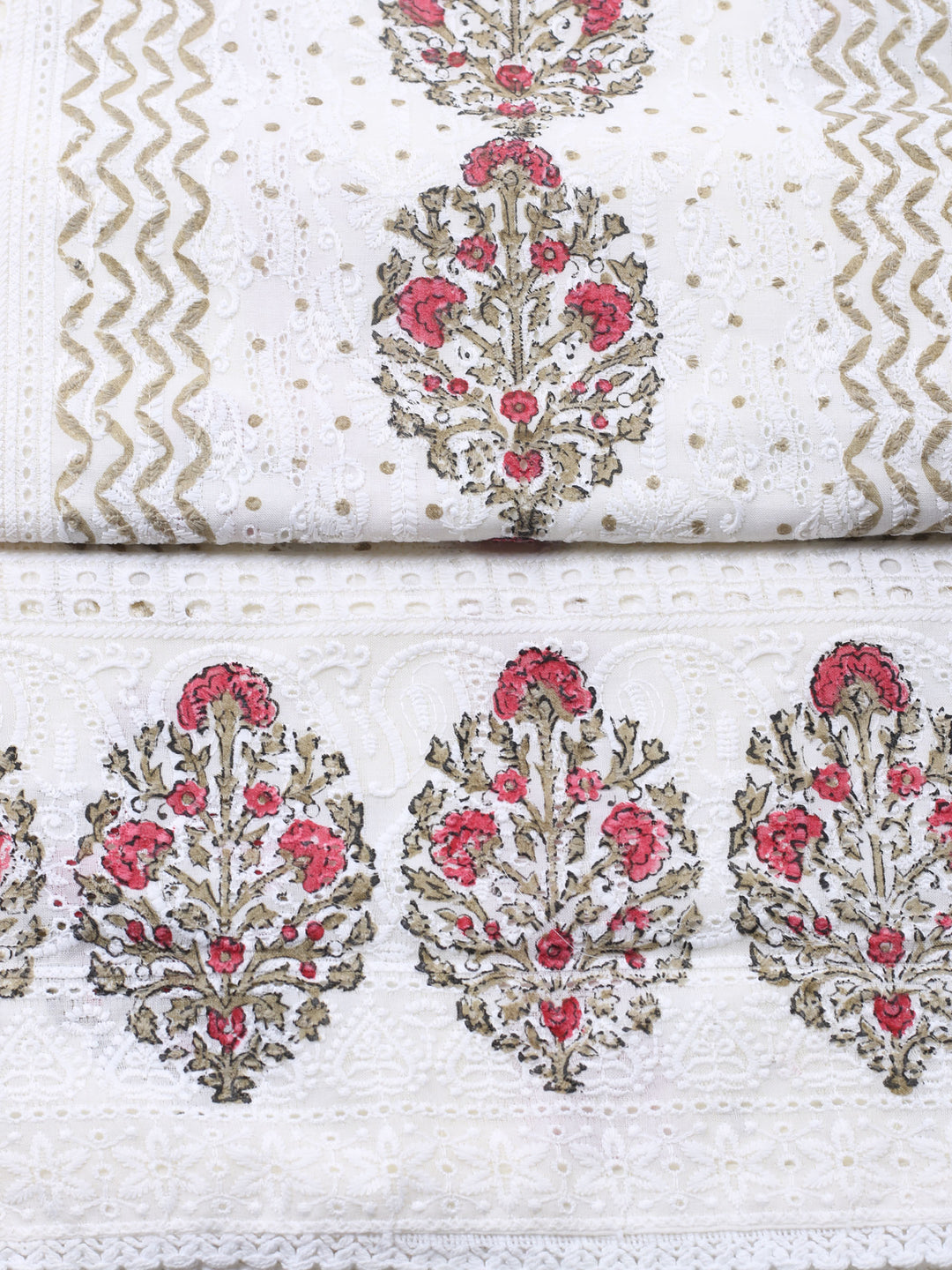 Cream Pink Printed Cotton Blend Unstitched Suit &amp; Pant With Cotton Dupatta