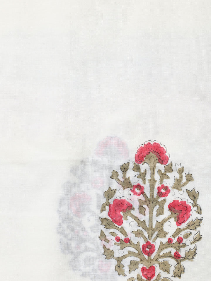 Cream Pink Printed Cotton Blend Unstitched Suit &amp; Pant With Cotton Dupatta