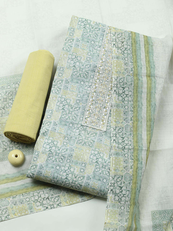 Aqua Green Printed Cotton Blend Unstitched Suit &amp; Pant With Chanderi Dupatta