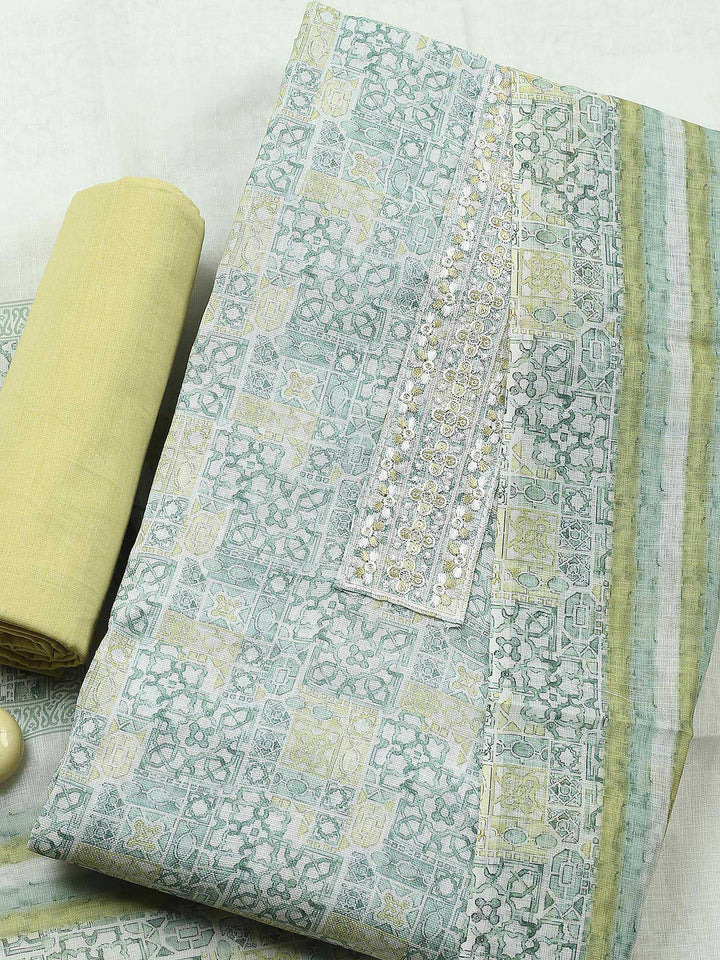 Aqua Green Printed Cotton Blend Unstitched Suit &amp; Pant With Chanderi Dupatta